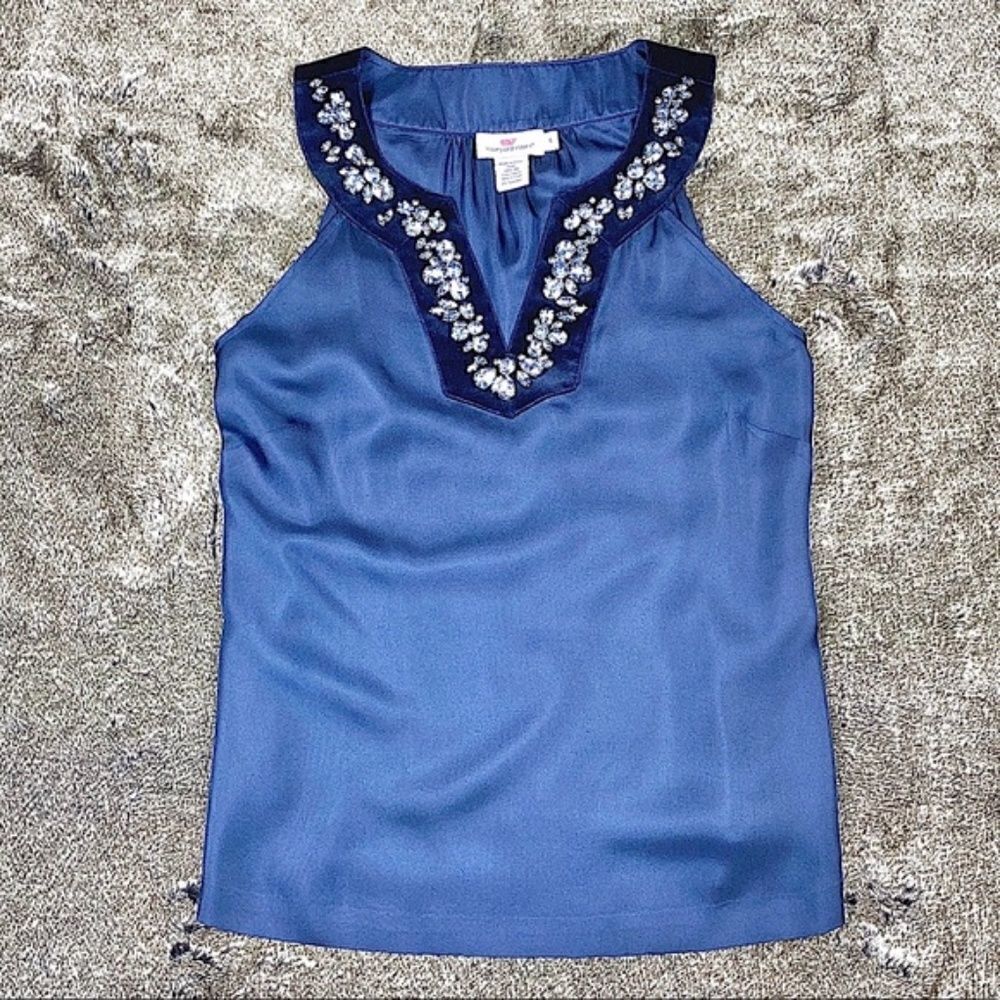 NWOT! Vineyard Vines Navy Embellished Silk Blouse